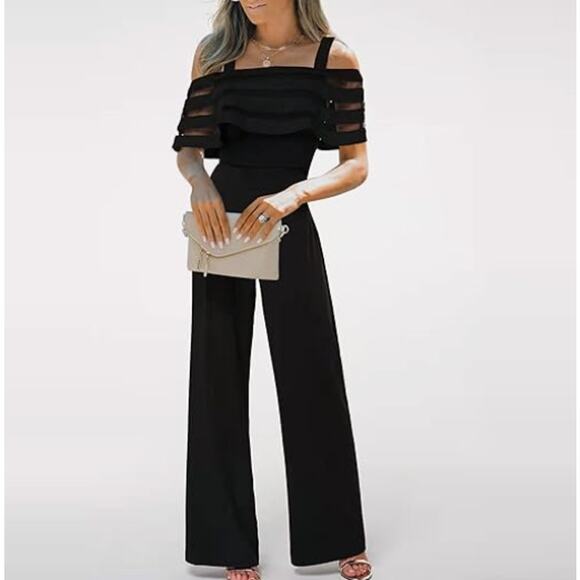 Cold Shoulder Women's Boho Formal Wedding Guest Wide Leg Jumpsuits Size XL Black - Picture 1 of 9